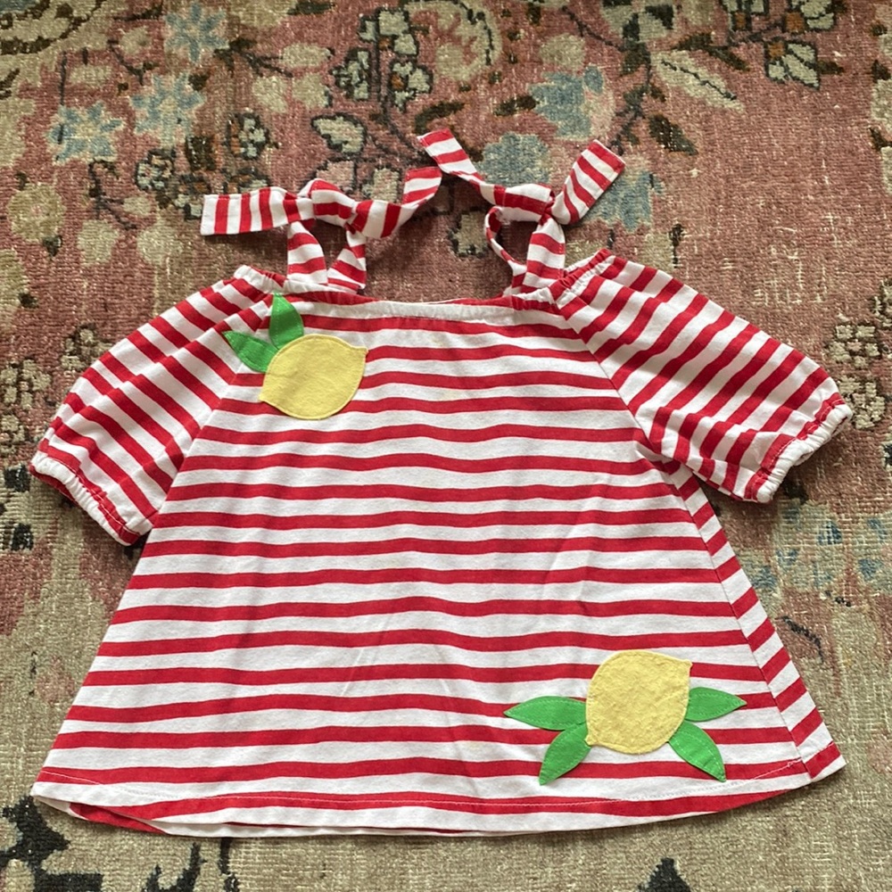 Lindsey Berns red white shoulder tie top w lemons